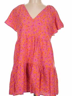 Universal Thread Pink & Orange Floral V-Neck Tiered Mini Dress